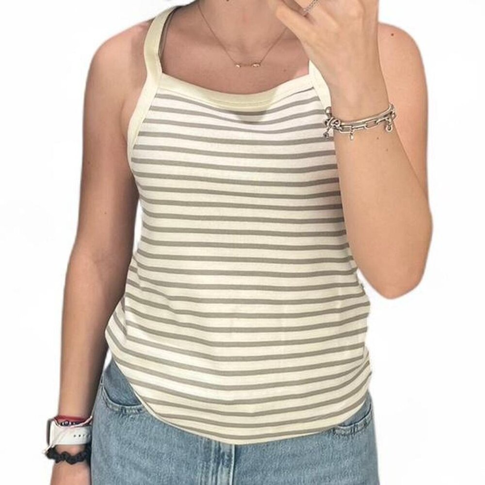 Mango Women's Cream and White striped tank top size medium